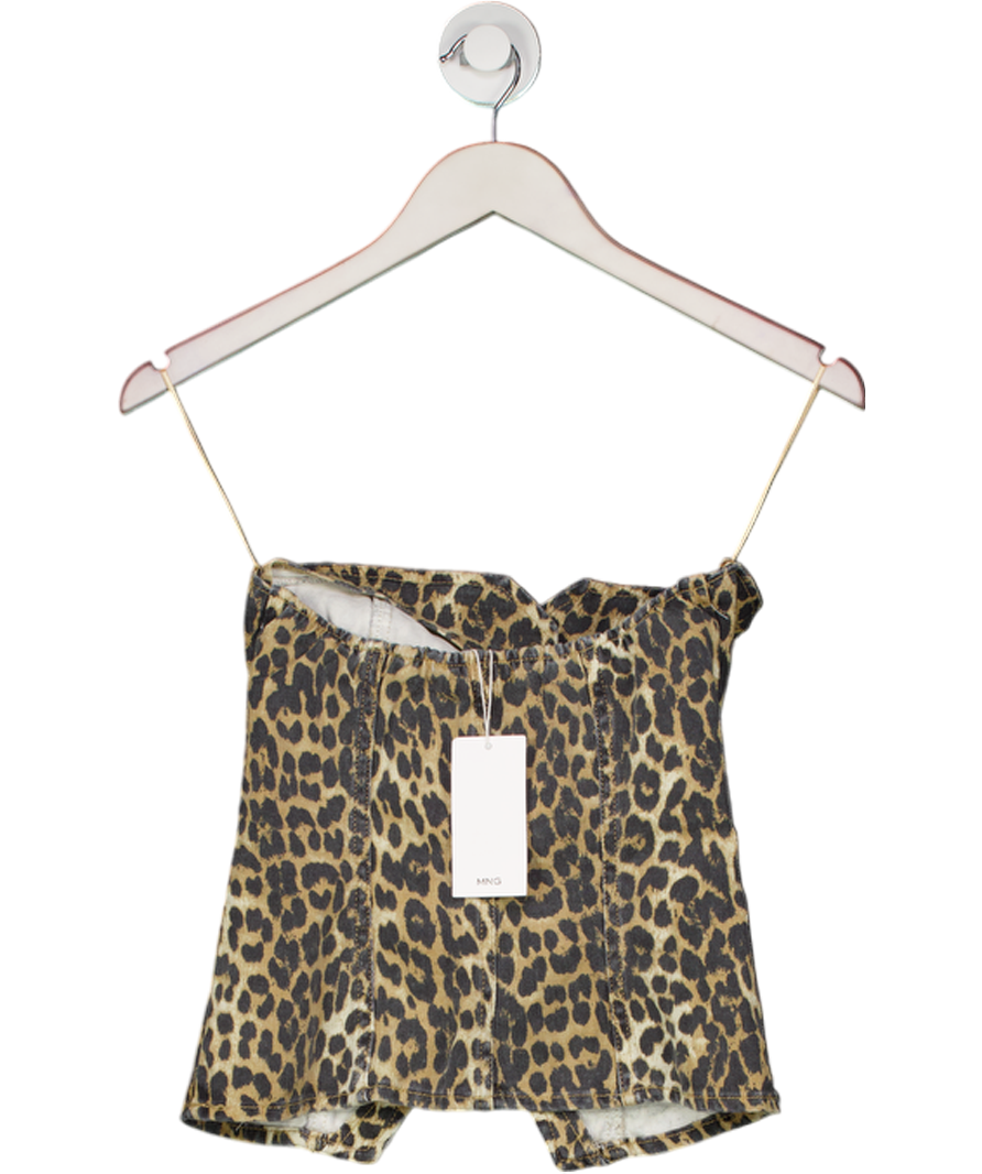 MANGO Brown Denim Leopard-print Corset Top UK XS
