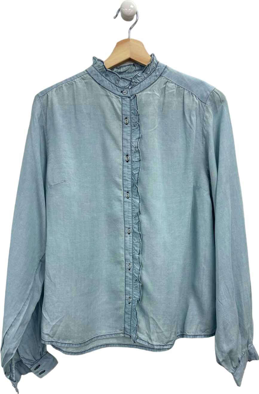 Anthropologie Blue Ruffled Button-Up Blouse UK 10