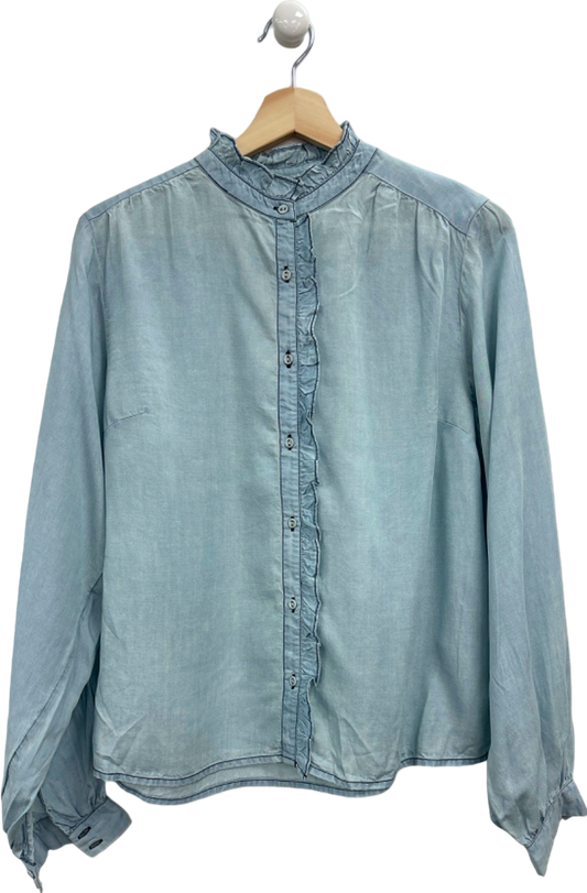Anthropologie Blue Ruffled Button-Up Blouse UK 10