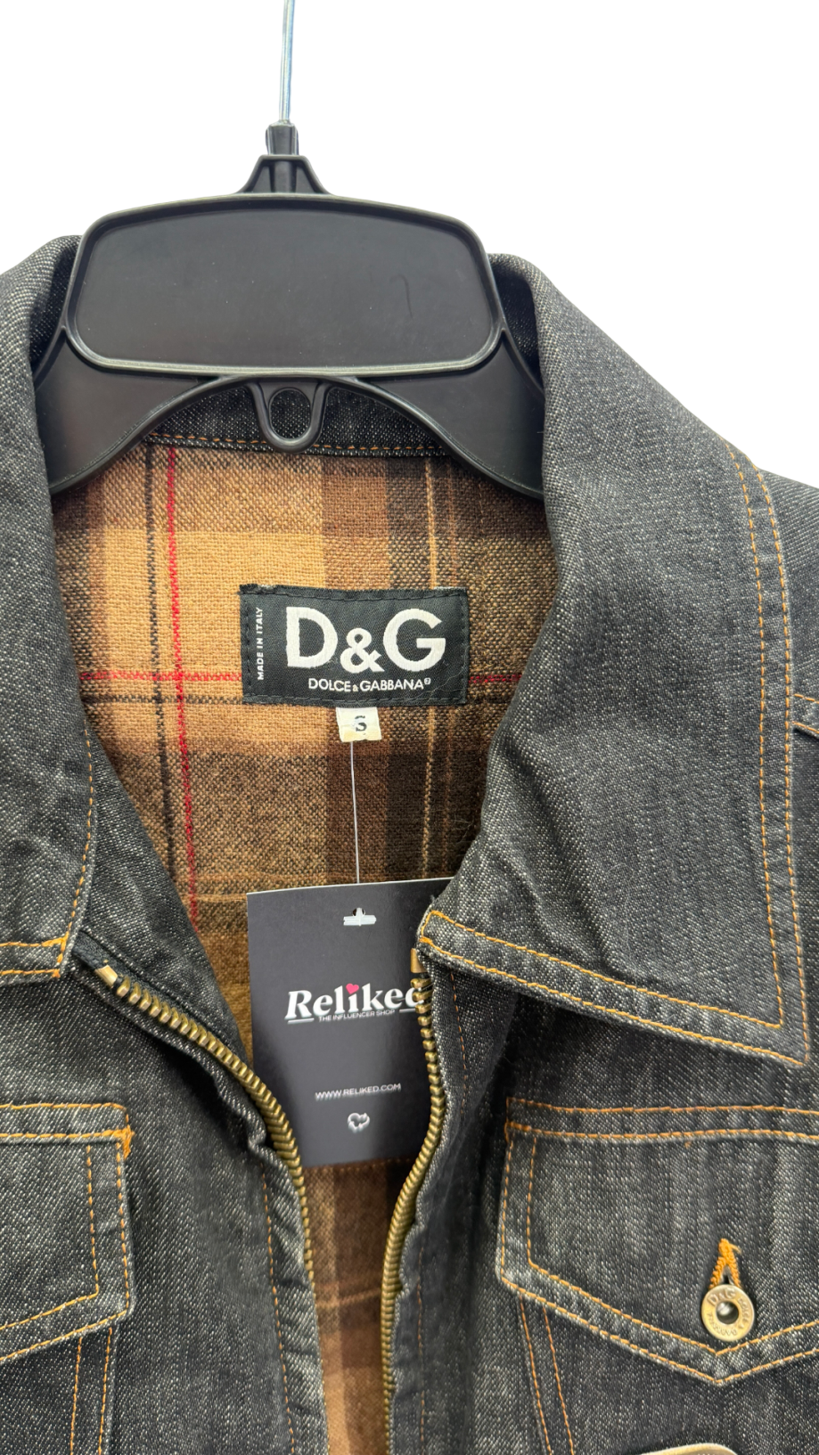 D&G DOLCE & GABBANA Blue Plaid Flannel Lined Denim Zip-up Jacket With Metal Logo Plaque UK S