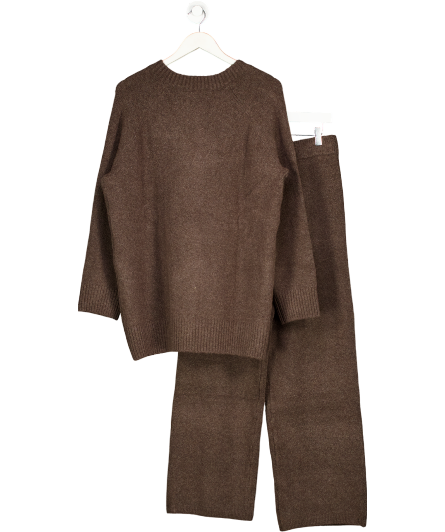 MANGO 2-piece Chocolate Brown Supersoft Wool Blend Knit V-neck Jumper And Straight Leg Trouser Co-ord Set UK M