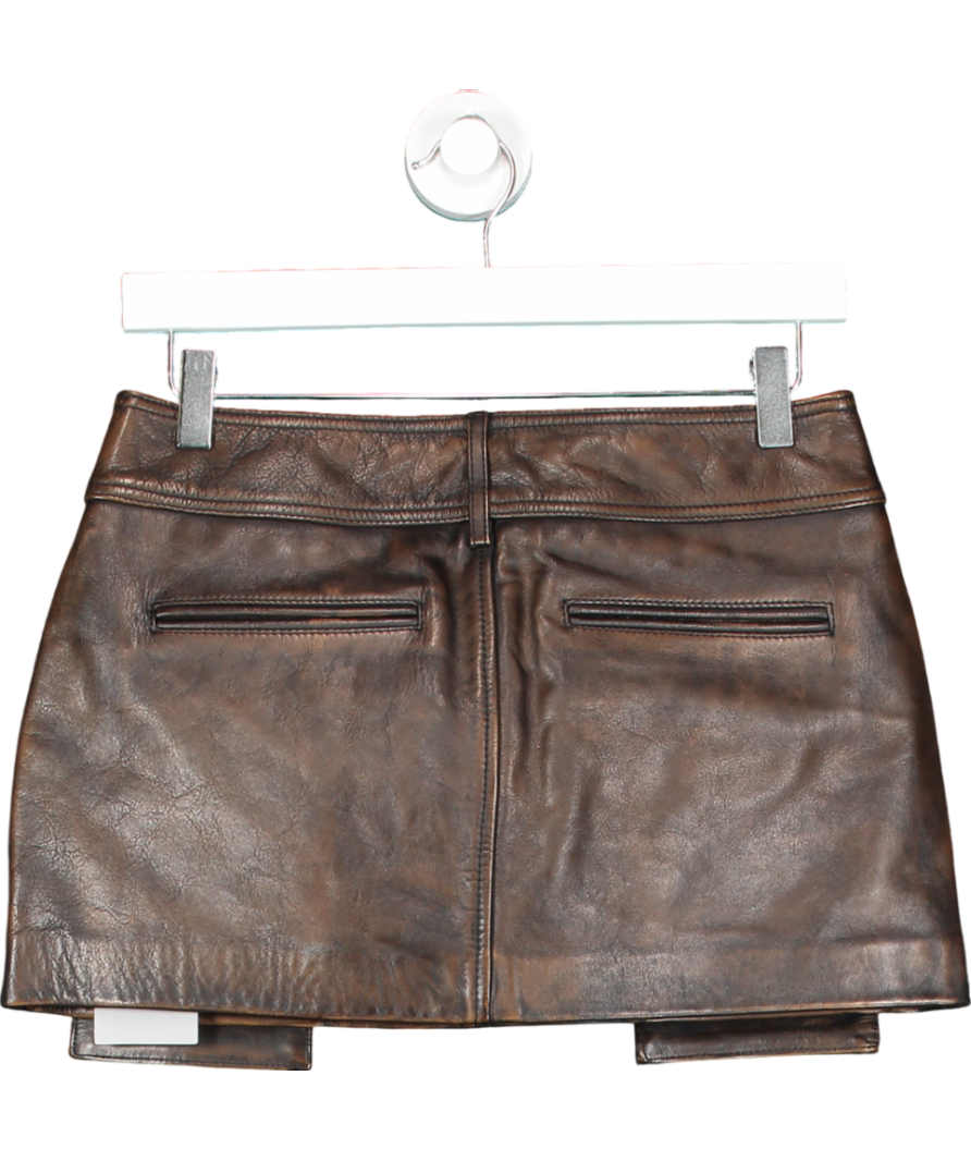 Camila Coelho Distressed Brown Real Leather Billy Mini Skirt UK XS