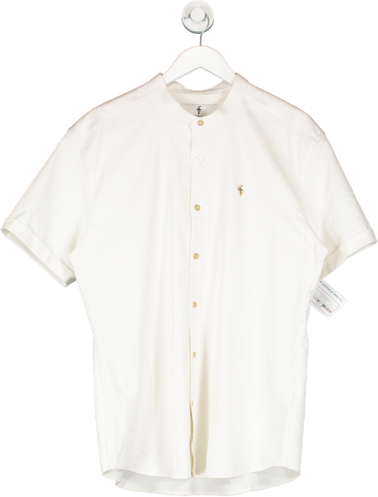 Father Sons Cream Super Slim Stretch Denim Shirt With Grandad Collar & Gold Metal Buttons/decal UK XXL