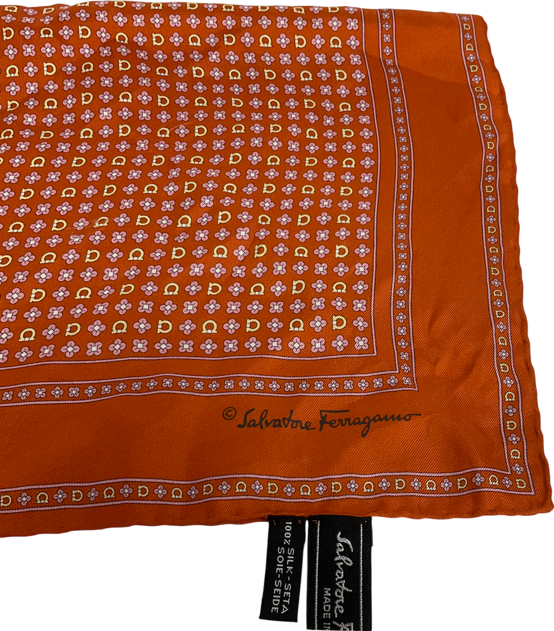 Ferragamo Orange 100% SILK Pocket Square