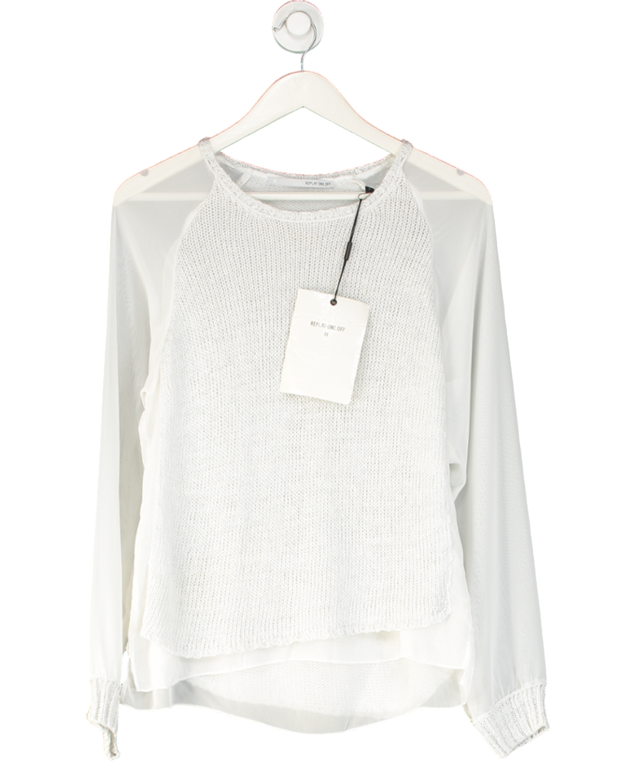 REPLAY White / Metallic Cotton Knit Jumper With Sheer Sleeves UK L