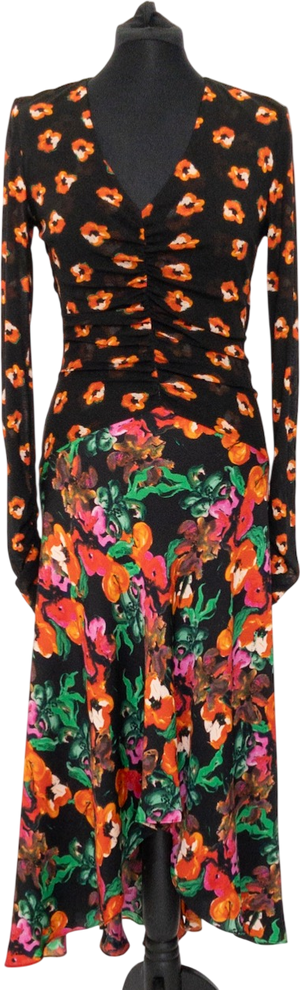 Diane von Furstenberg Black Multi Floral Print Silk Dipped Hem Maxi Dress UK M