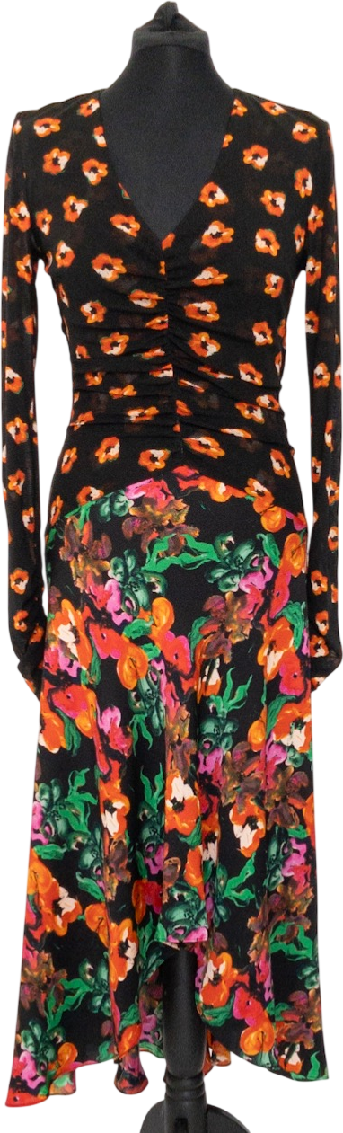 Diane von Furstenberg Black Multi Floral Print Silk Dipped Hem Maxi Dress UK M