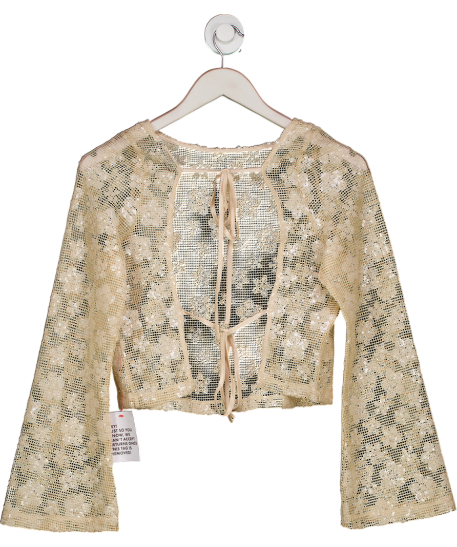 ASOS Cream Long Sleeve Crochet Floral Sequin Backless Top UK 10