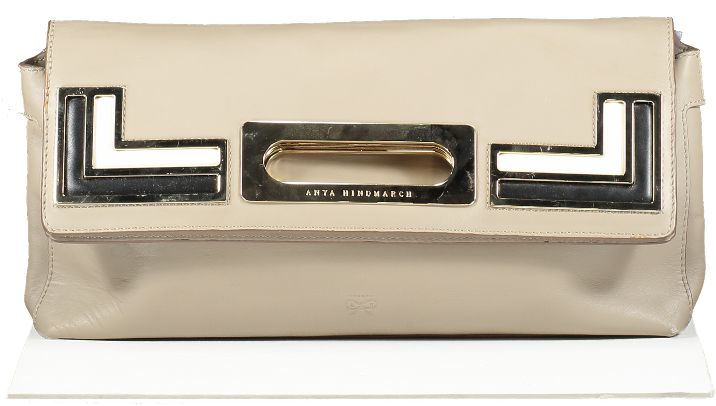 Anya Hindmarch Beige Fold Over Leather Clutch Bag