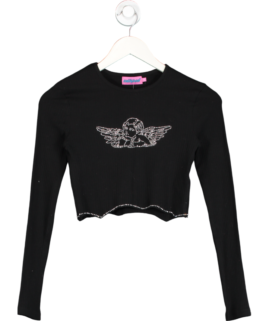 Edikted Black Angel Rhinestone Crop Top UK XS