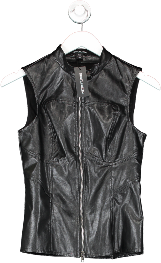 PrettyLittleThing Black Faux Leather Zip Front Longline Sleevless Long Top UK 8