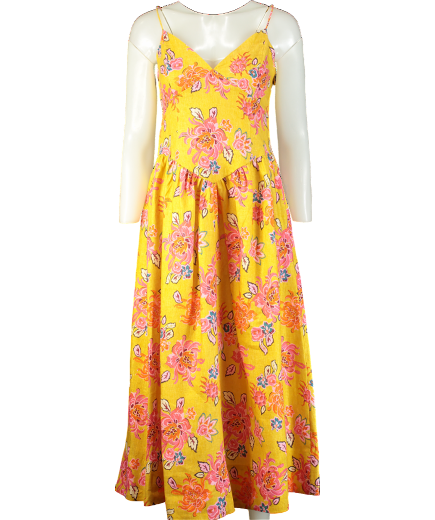 Rhode Resort Yellow floral Sophie Linen Midi Dress UK 8