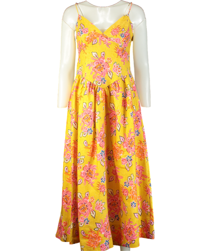 Rhode Resort Yellow floral Sophie Linen Midi Dress UK 8