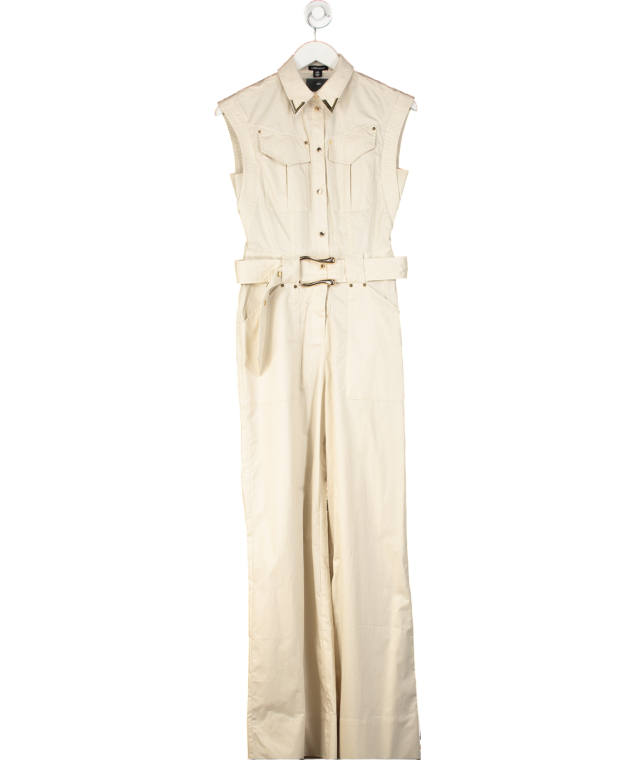 Karen Millen Beige Cotton Sateen Utility Top Stitch Detail Woven Jumpsuit UK 6