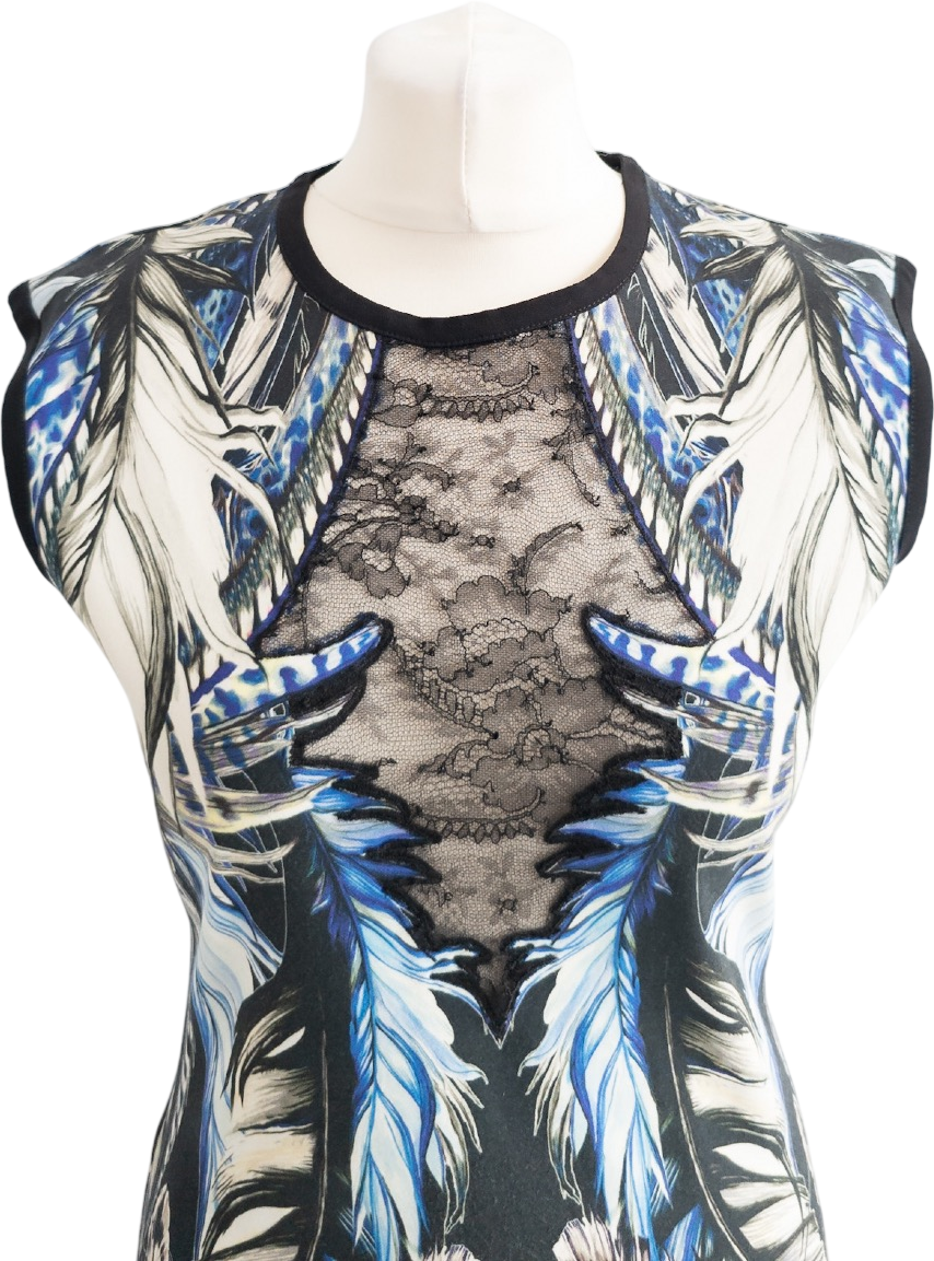ROBERTO CAVALLI Blue / Multi Lace Insert Shift Midi Dress It44 UK 12