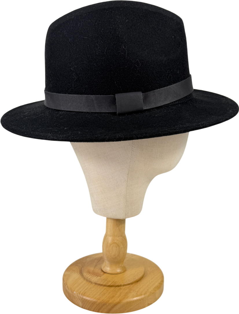 AllSaints Black Bronson Wide Brim Wool Fedora Hat UK M/L
