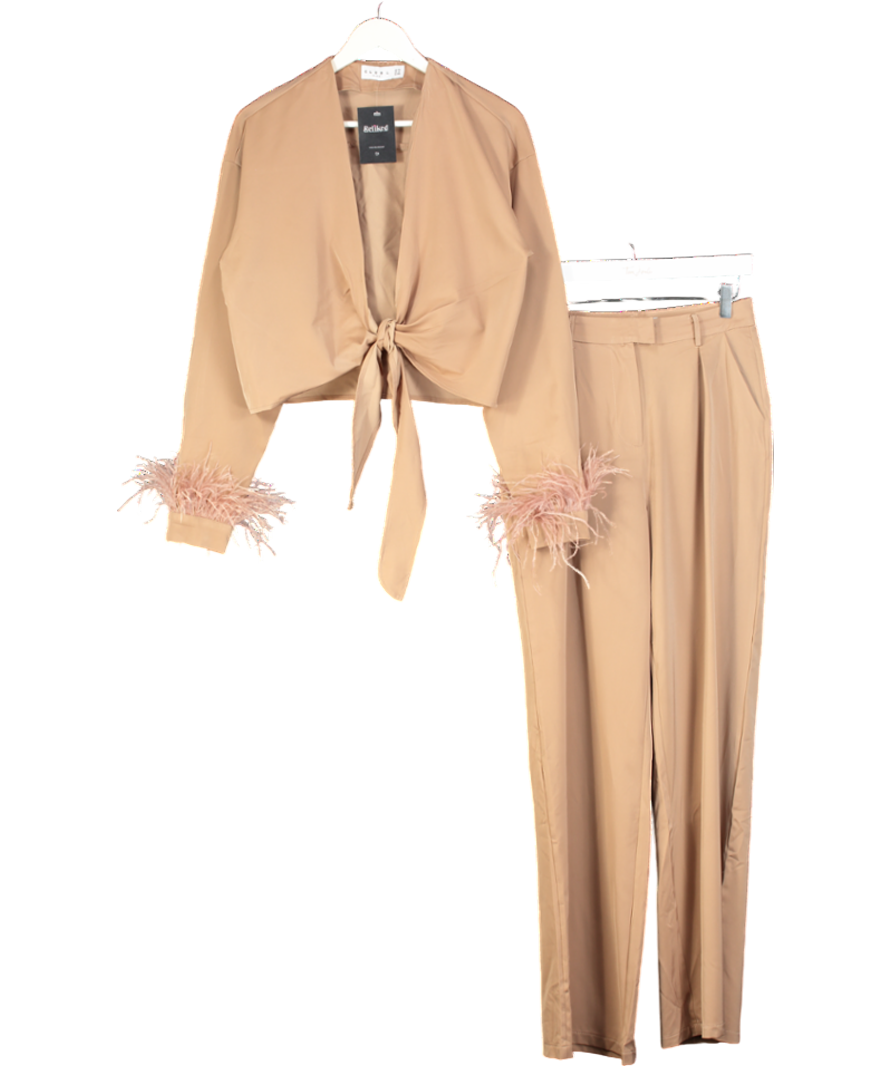 Club L Brown Feather Trim Satin Shirt And Trousers UK 10
