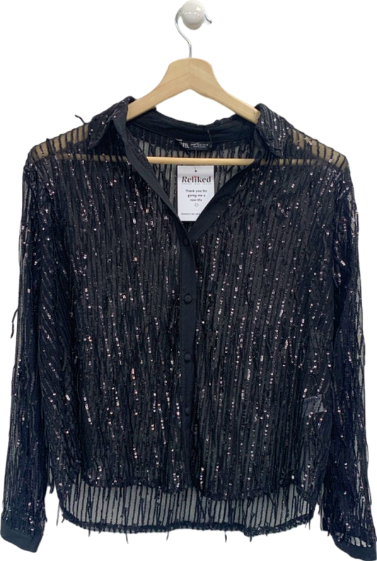 Zara Black Sequined Sheer Shirt UK 10