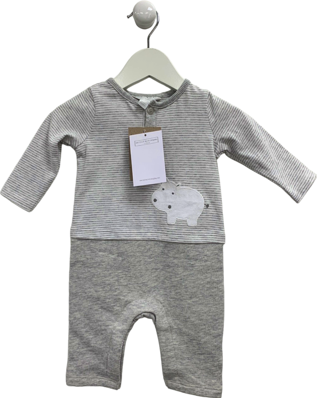 The Little White Company Grey/White Organic Cotton Hippo Applique Romper Newborn