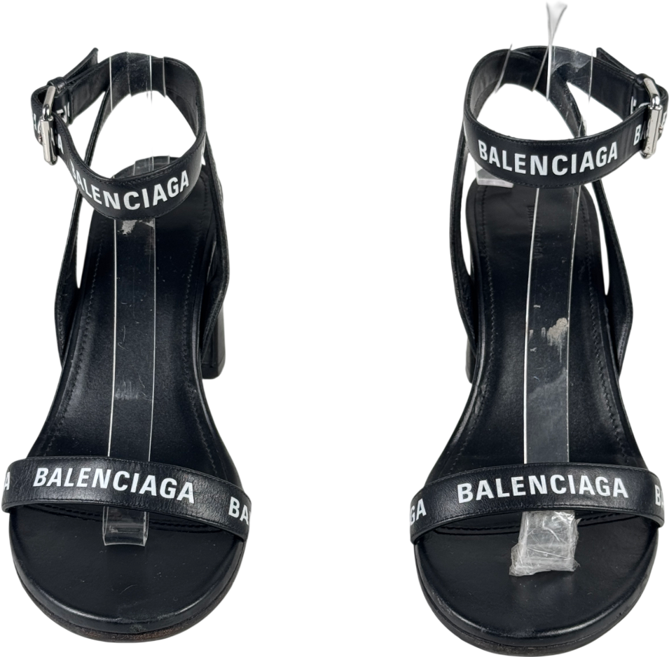BALENCIAGA Black Logo-print Leather Heeled Sandals UK 5 EU 38 👠