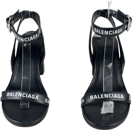 BALENCIAGA Black Logo-print Leather Heeled Sandals UK 5 EU 38