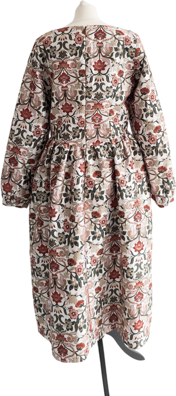 MEADOWS Cream Long Sleeve Floral Jacquard Midi Dress UK 14