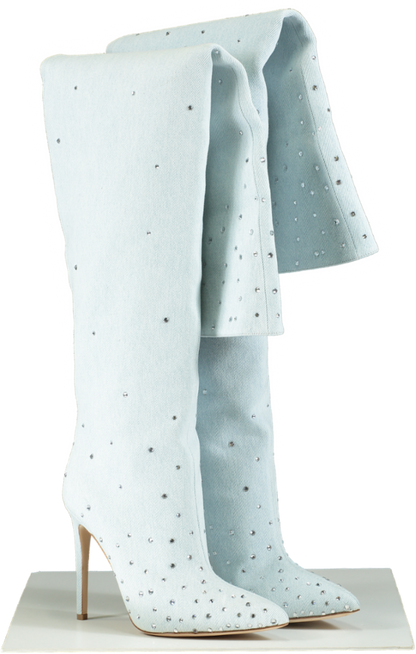 Paris Texas Light Blue Crystal Embellished Denim Knee-High Boots UK 6