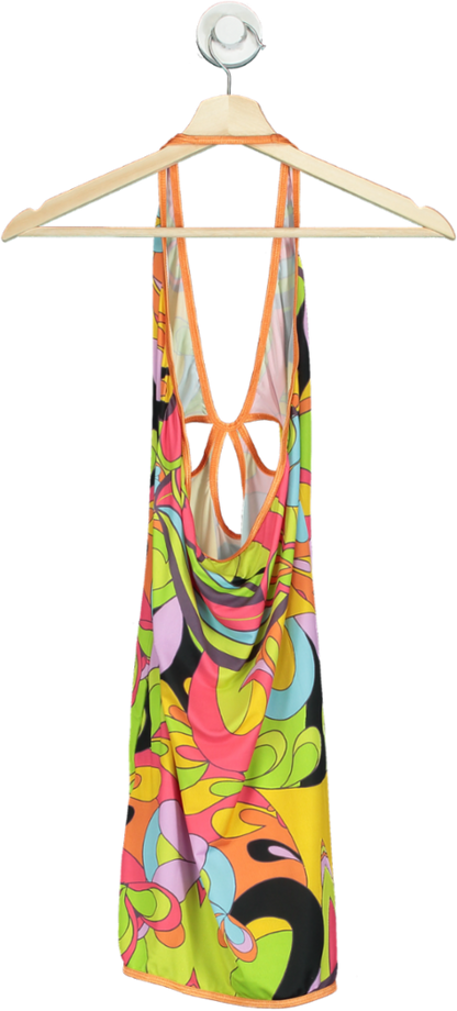 Jaded London Multi-coloured Retro Print Plunge Halter Mini Dress UK 10