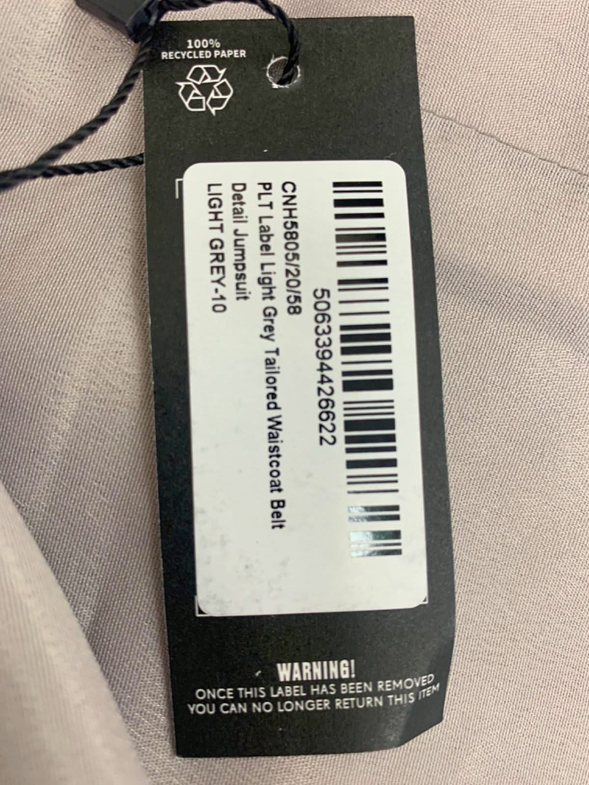 PLT Label Light Grey Tailored Waistcoat Belt Detail Jumpsuit UK 10