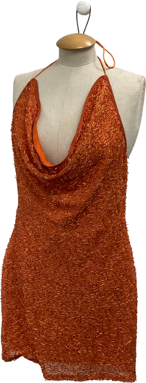 boohoo Orange Sequin Drape Strappy Cowl Mini Dress UK 10