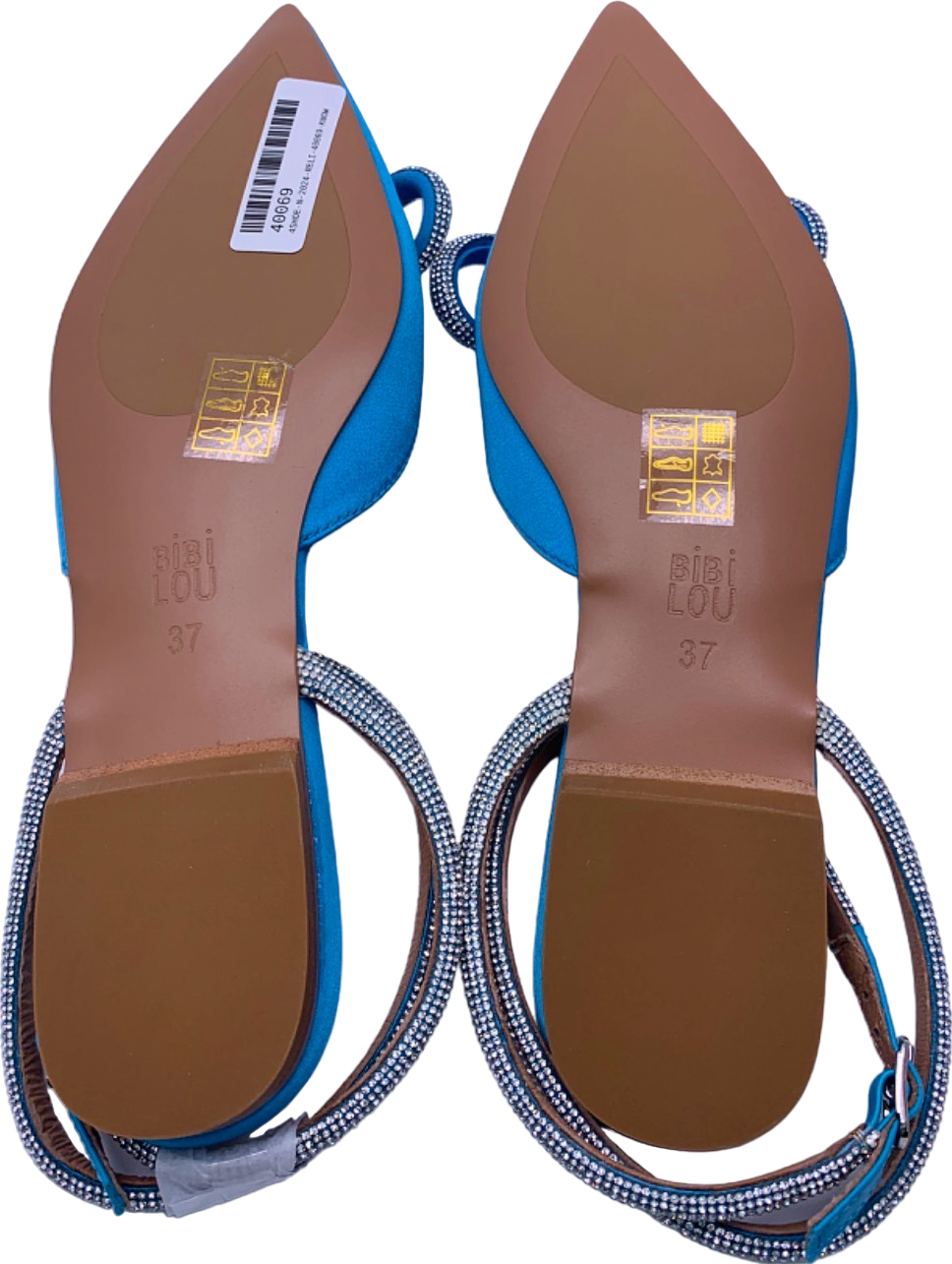 Bibi Lou Blue Embellished Satin Bow Strap Flats UK 4