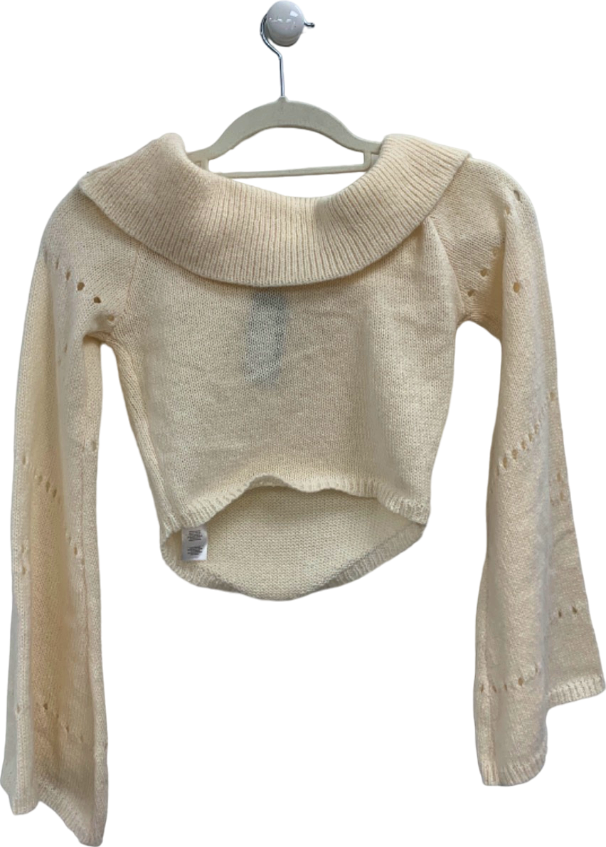 Pretty Little Thing Cream Fold Over Bardot Knit Long Sleeve Top UK S