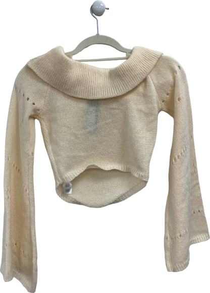 Pretty Little Thing Cream Fold Over Bardot Knit Long Sleeve Top UK S