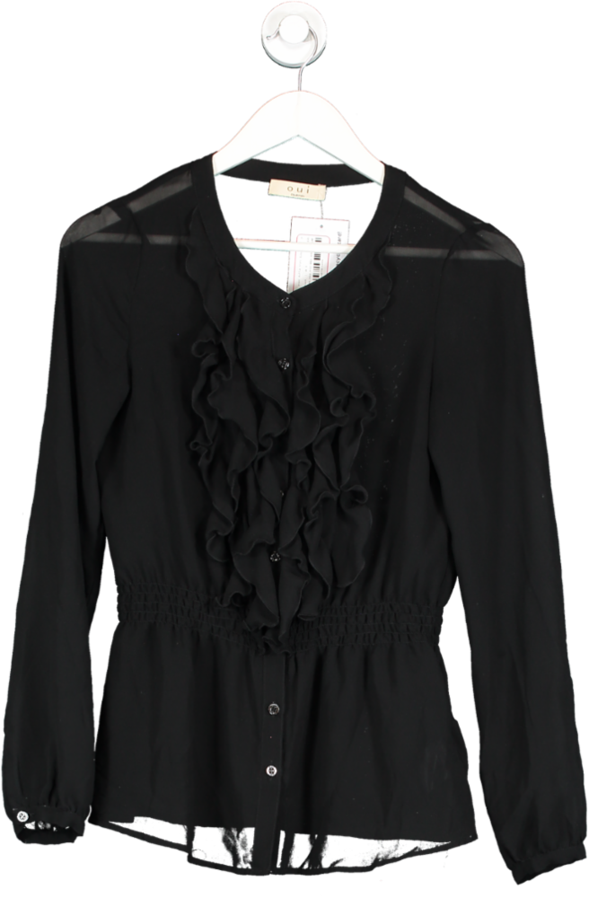 Oui Black silk Sheer Ruffle Front Blouse UK 8