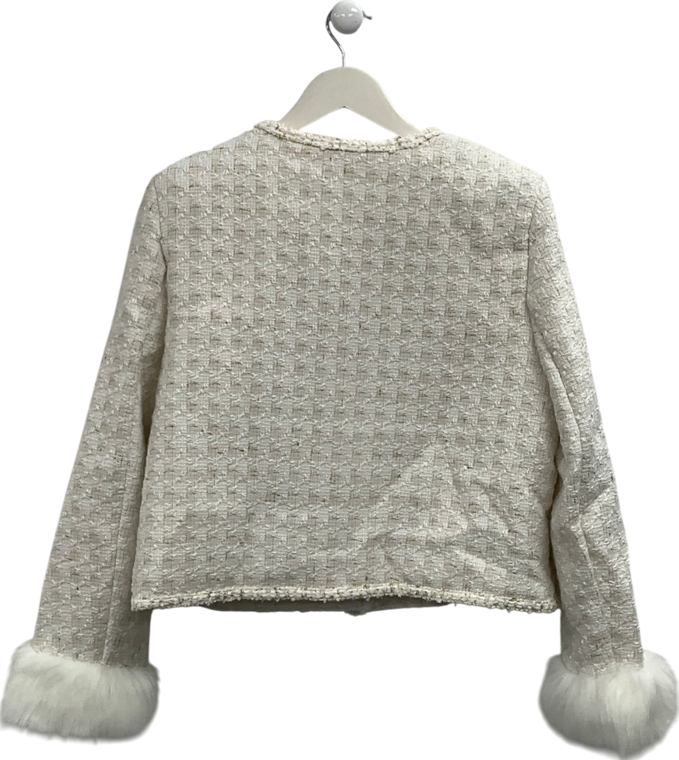 Shein Cream Tweed Jacket With Faux Fur Trimmed Sleeves UK S