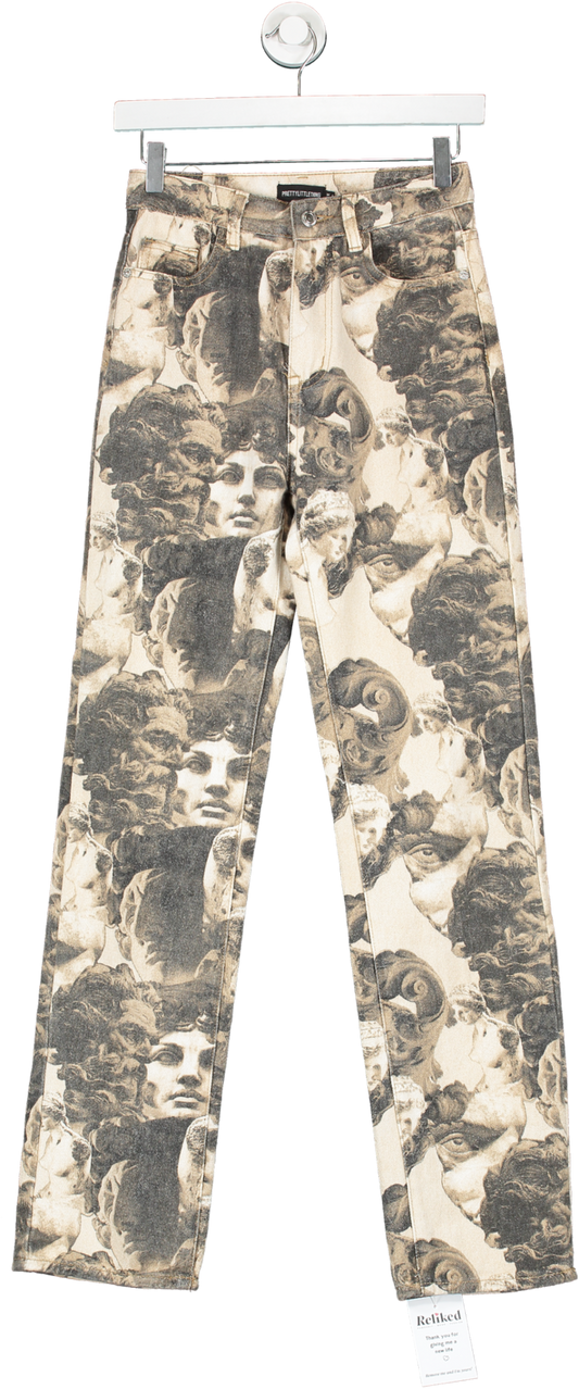 PrettyLittleThing Brown Statue Printed Straight Leg Jeans UK 4