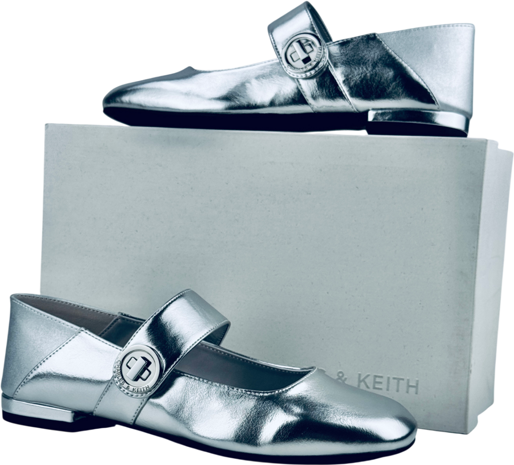 CHARLES & KEITH Metallic Silver Yara Mary Jane Flats UK 4 EU 37 👠