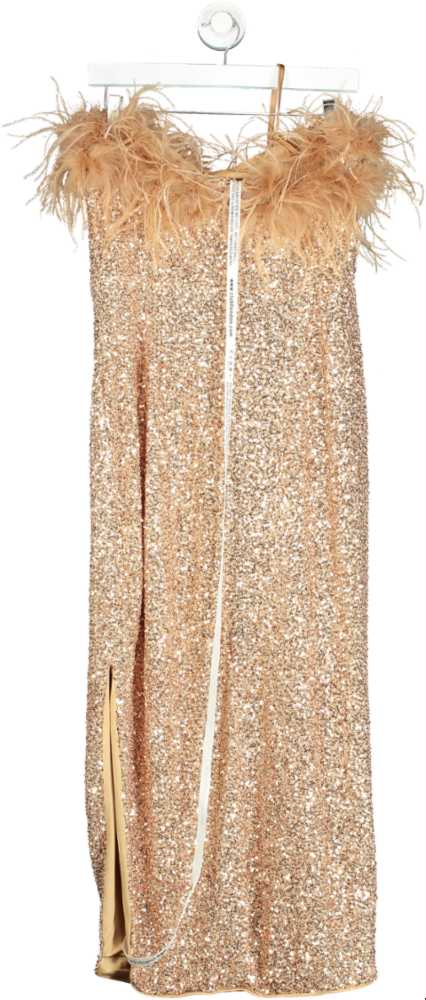 Club L Rose Gold Sequin Strappy Midi Dress With Feathers UK 14