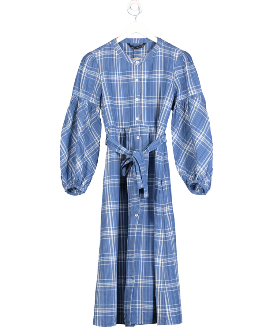 ZARA Blue Checkered Tunic Plaid Belted Midi Dress Linen Blend UK M