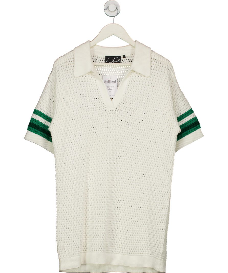 The Couture Club White Stripe Crochet Knitted Polo Shirt UK M