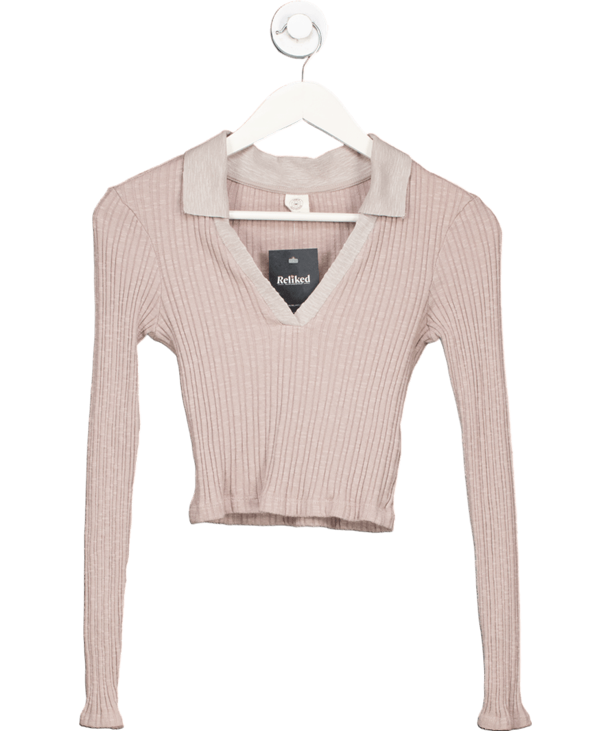 Urban Outfitters Beige Ribbed Long Sleeve Polo Top UK XS - Reliked