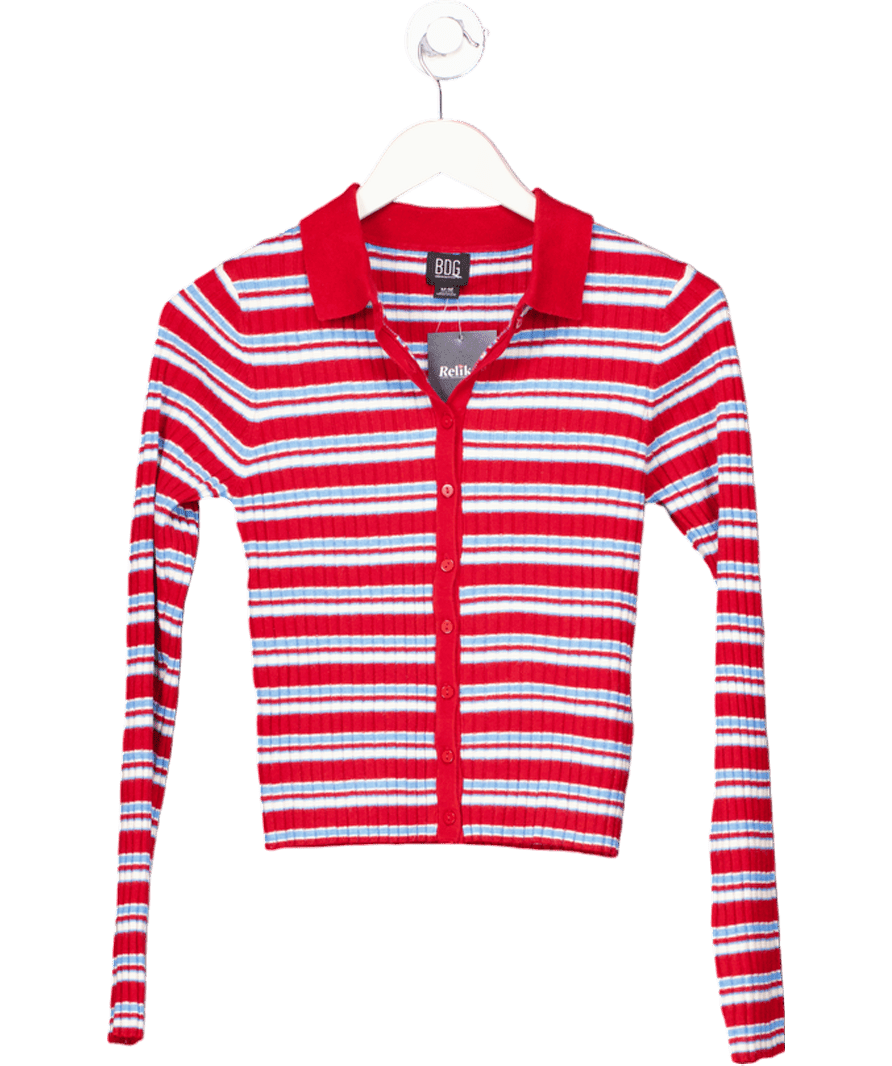 Urban Outfitters Red Striped Ribbed Fitted Polo Shirt UK M - Reliked
