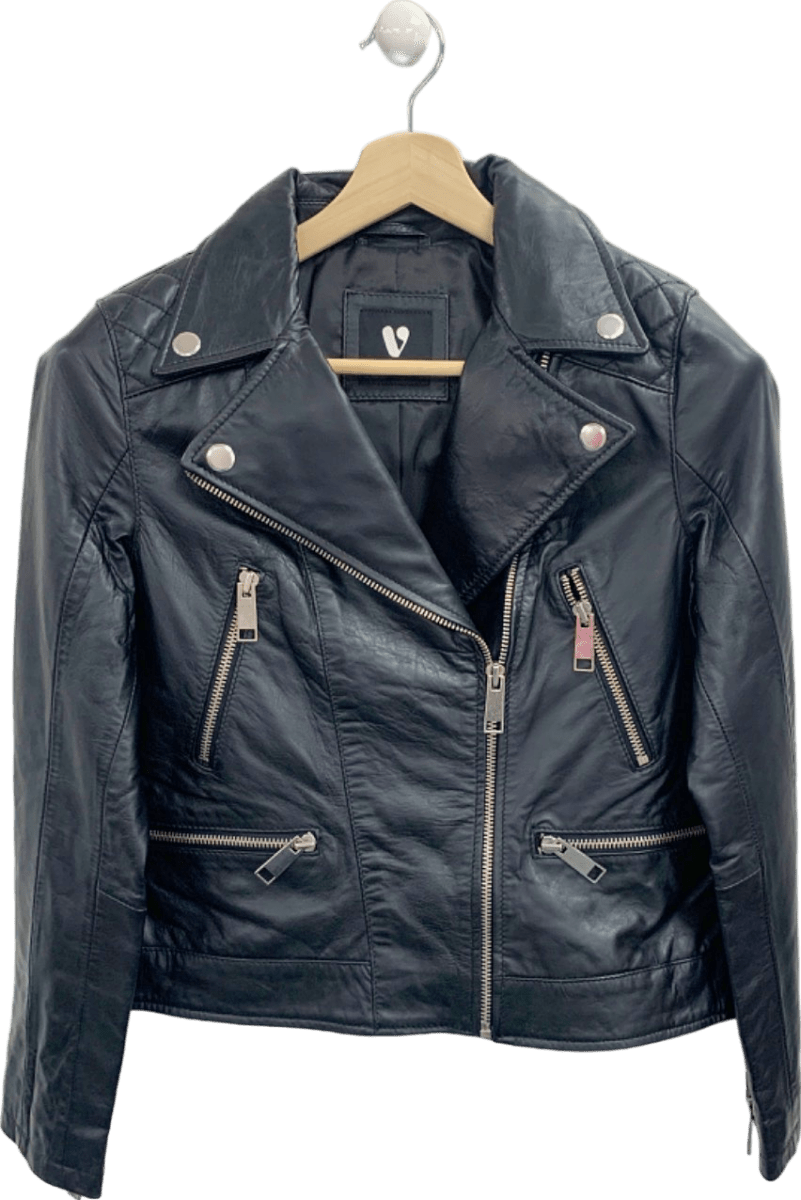 V by Very Black Biker Real Leather Jacket UK 12 - Reliked