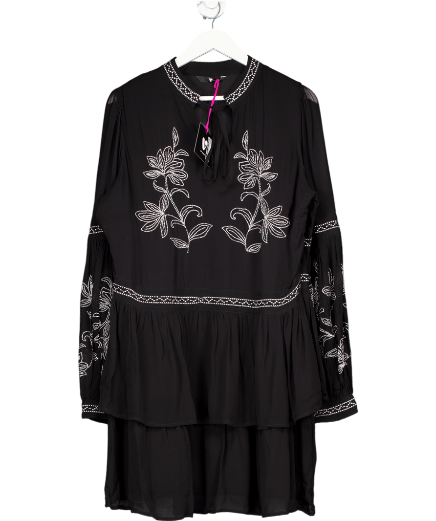 V by Very Embroidered Tie Neck Mini Dress - Black UK 18 - Reliked