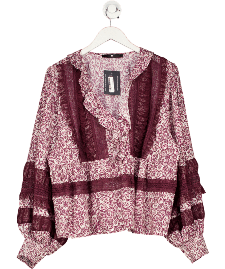 V by Very Red Burgundy Floral Lace Trim Boho Top UK 18 - Reliked