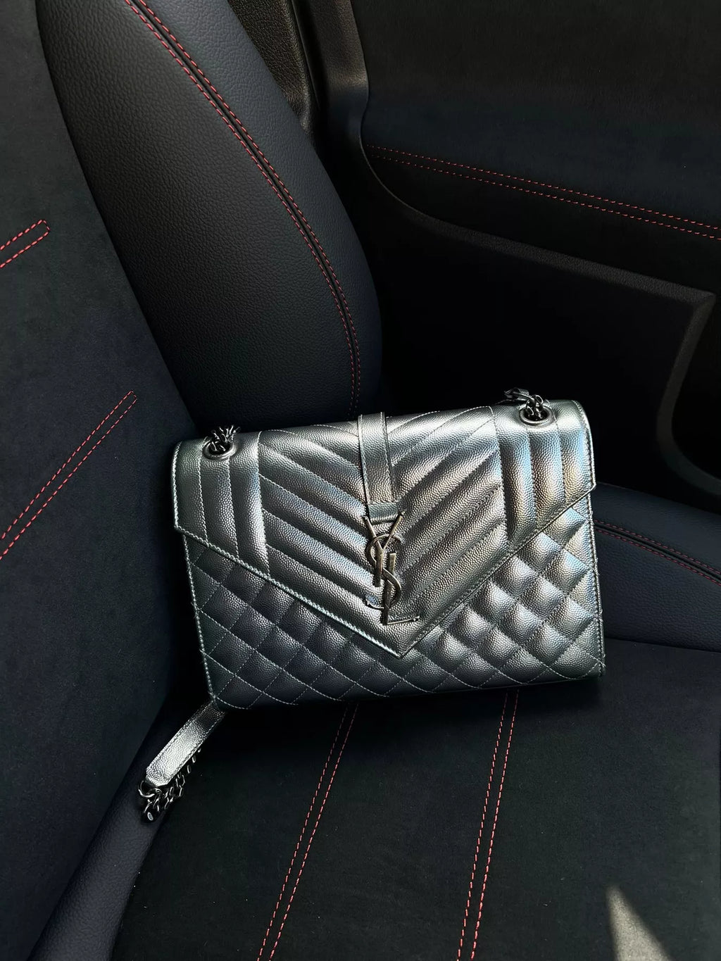 YSL Silver Leather Tri Quilt Monogram Medium Envelope Chain Bag