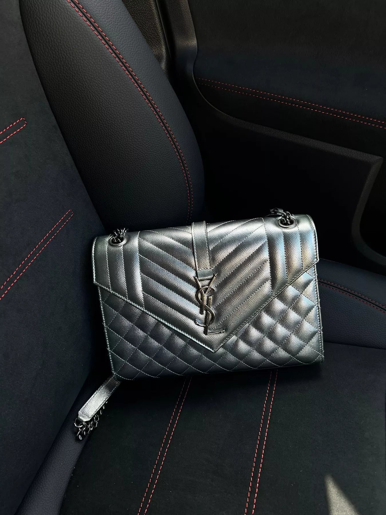 YSL Silver Leather Tri Quilt Monogram Medium Envelope Chain Bag