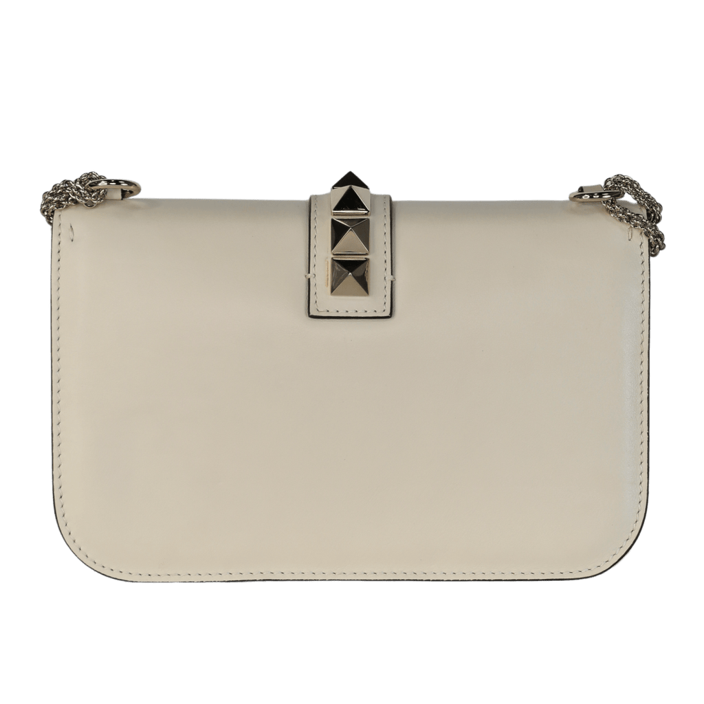 Valentino Garavani Cream Leather Medium Rockstud Glam Lock Crossbody Bag - Reliked