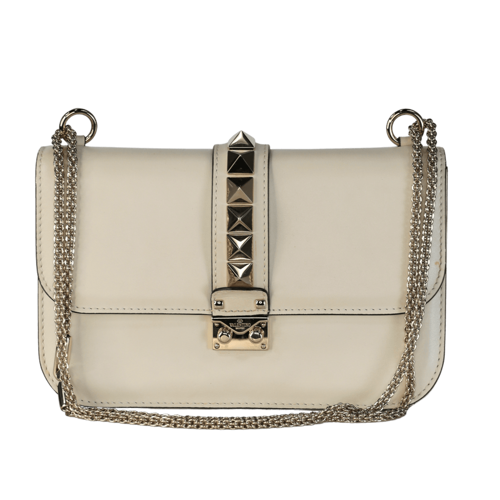 Valentino Garavani Cream Leather Medium Rockstud Glam Lock Crossbody Bag - Reliked