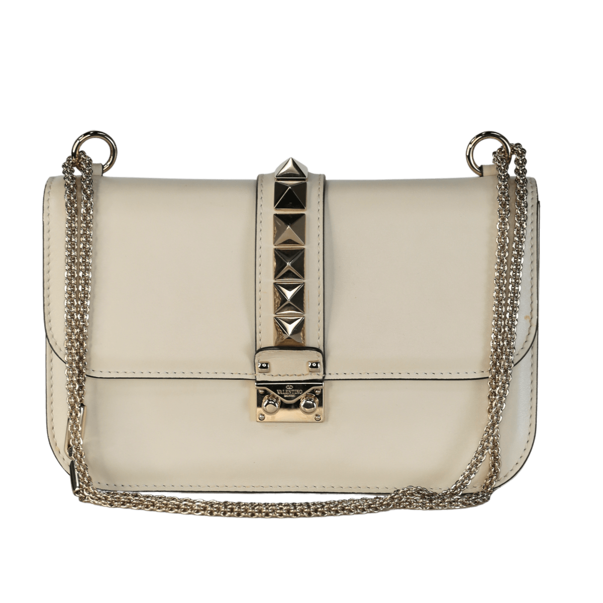 Valentino Garavani Cream Leather Medium Rockstud Glam Lock Crossbody Bag - Reliked